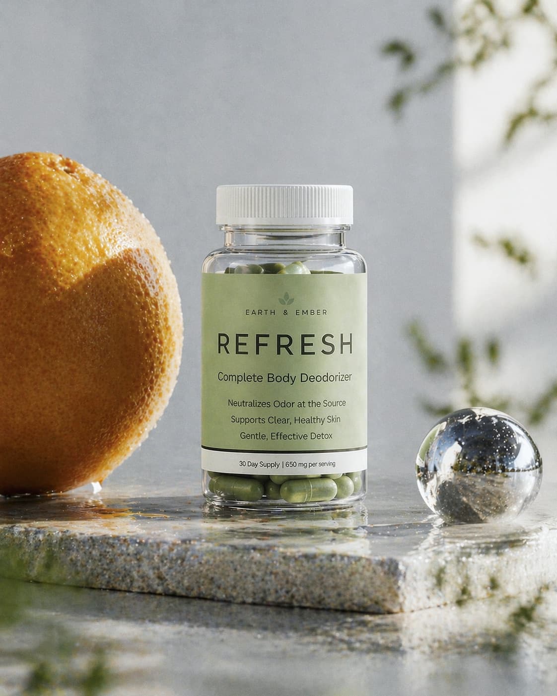 REFRESH bottle on textured marble with a small orange and crystal sphere.